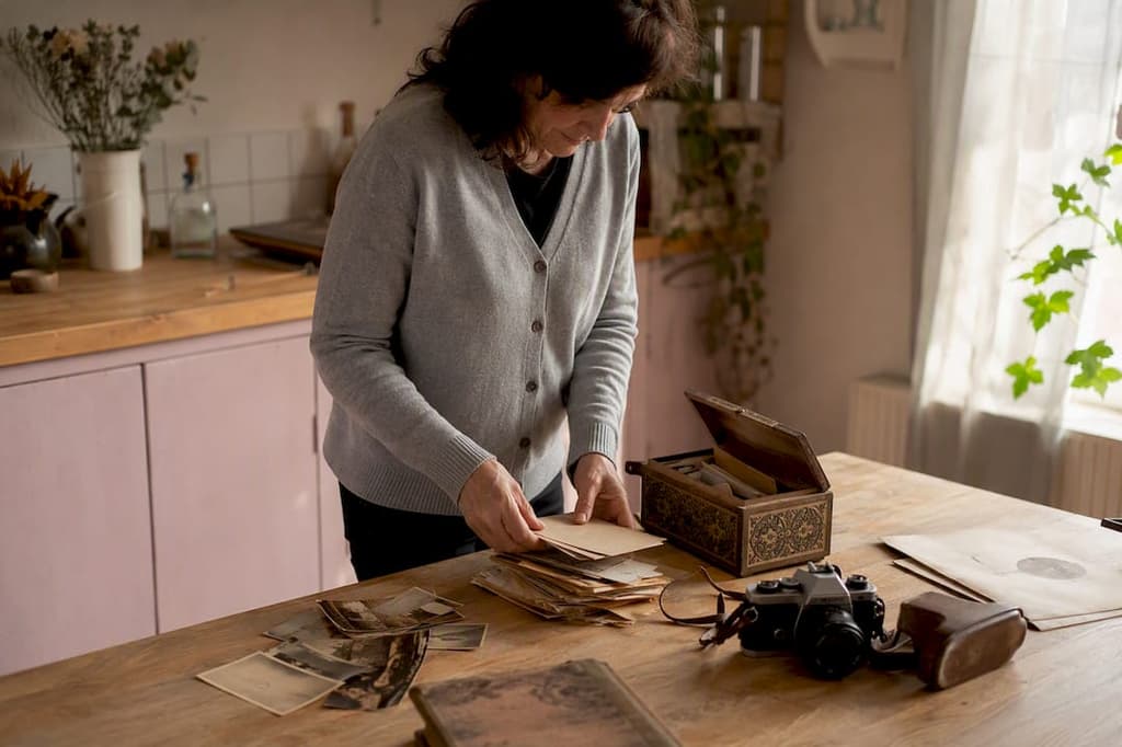 Mains organisant des souvenirs familiaux
