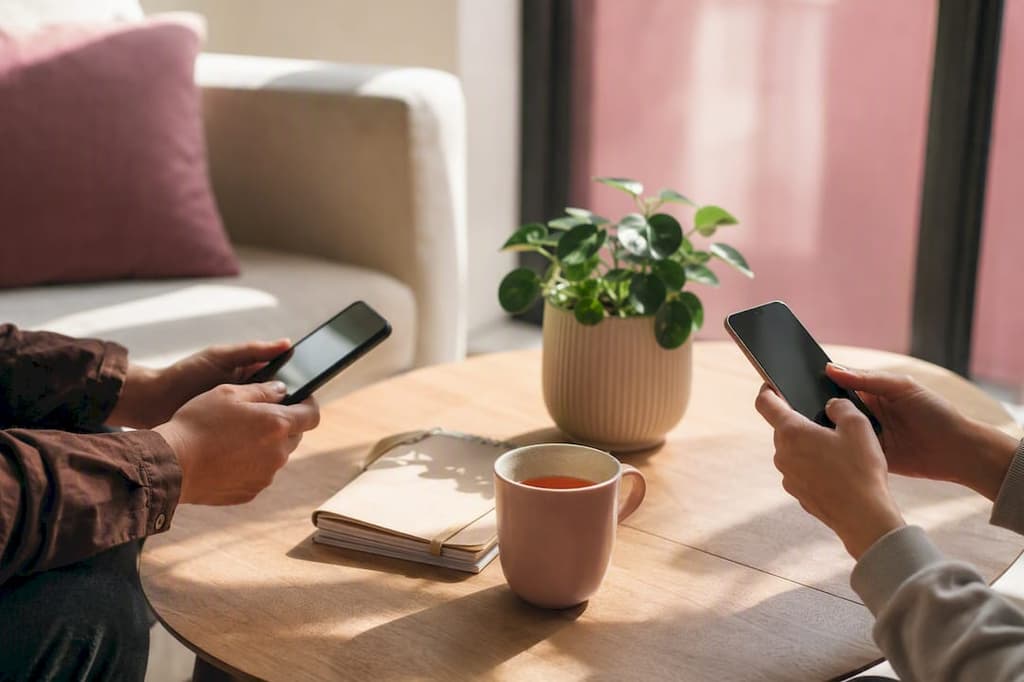Mains tenant des smartphones symbolisant la collaboration à distance