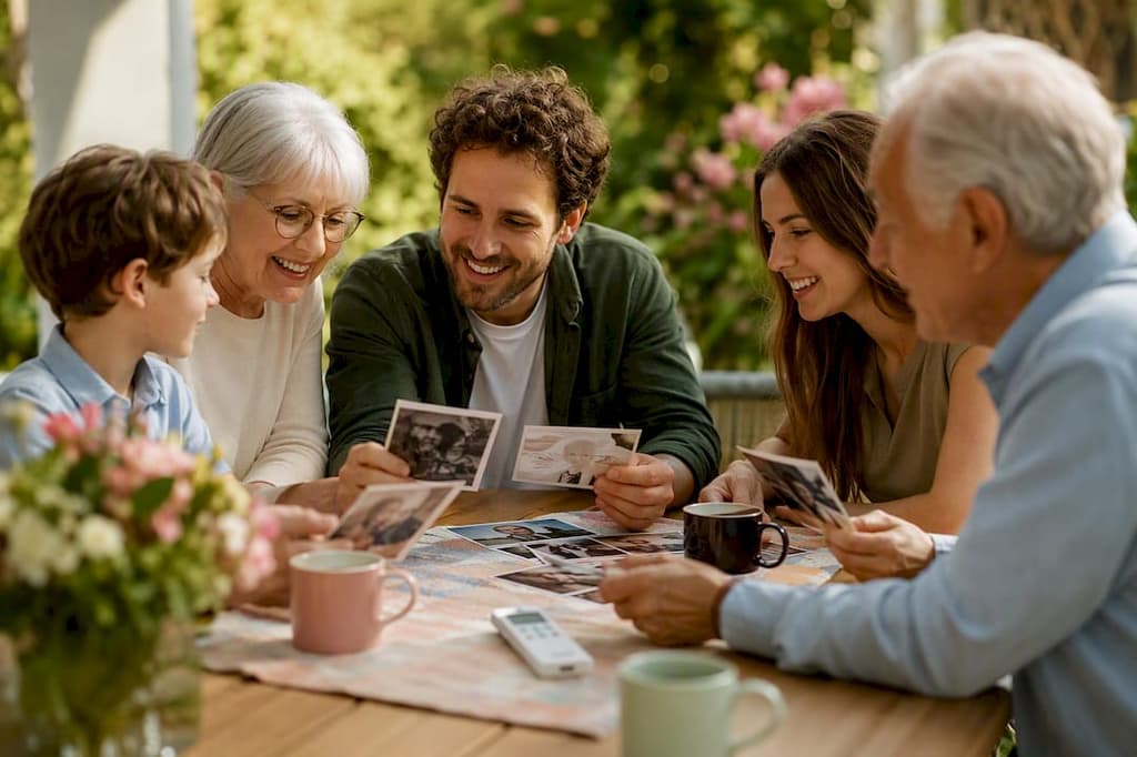 Une famille partageant des souvenirs autour d'un café