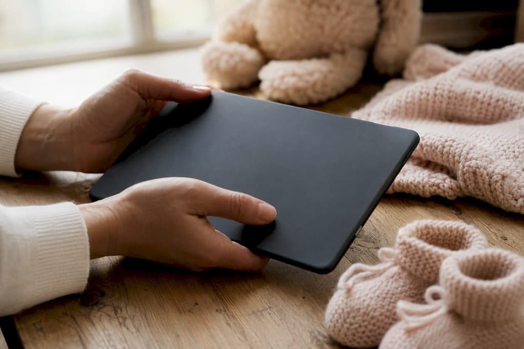 Mains tenant une tablette entourée de souvenirs de bébé