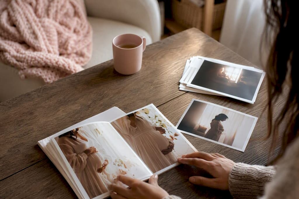 Photos imprimées et papier photo posés sur une table en bois