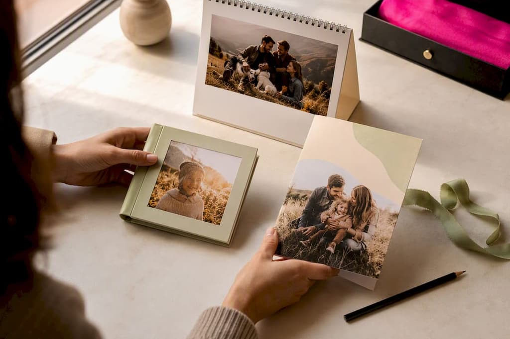 Calendrier, livret et carte illustrés avec des photos de famille