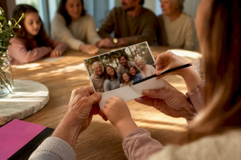 Des mains ajoutent une légende à une photo de famille